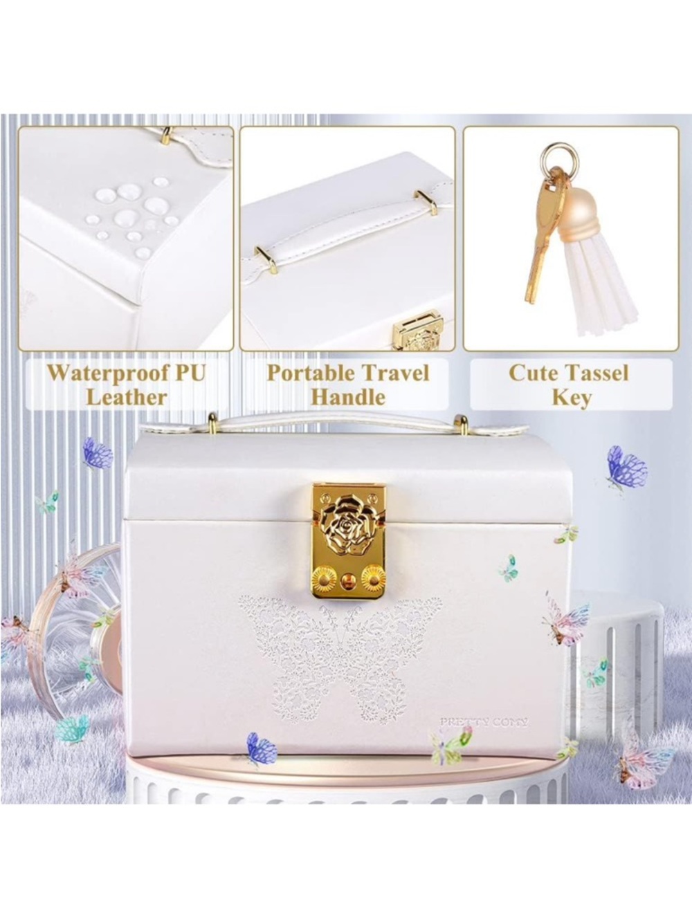 Pretty Comy Jewelry Box Organizer w/ Mirror 3 Layer Travel Case NEW - Picture 3 of 7